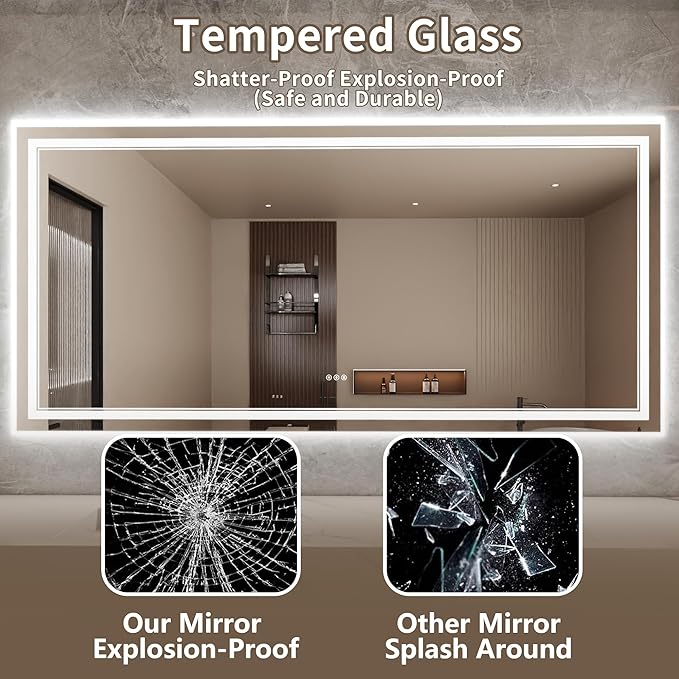 Bathroom Mirror with Lights 40"X84" with Front Light and Backlit, Tempered Glass, Wall Mount Horizontal/Vertical, Stepless Dimmable, 3 Colors, Anti Fog, Bathroom Memory LED Mirror