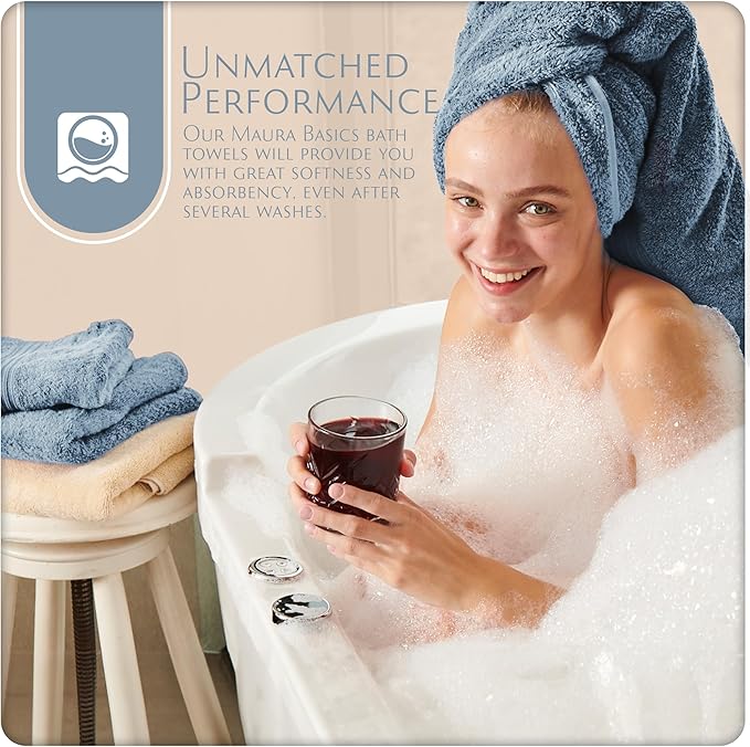 MAURA Basics Performance Bath Towels 100% Turkish Cotton with Hook Loops. Extra Large Luxury Absorbent Plush Towel Sets for Bathroom, Daily Use American Standard Size 27”x54”, Blue Gray
