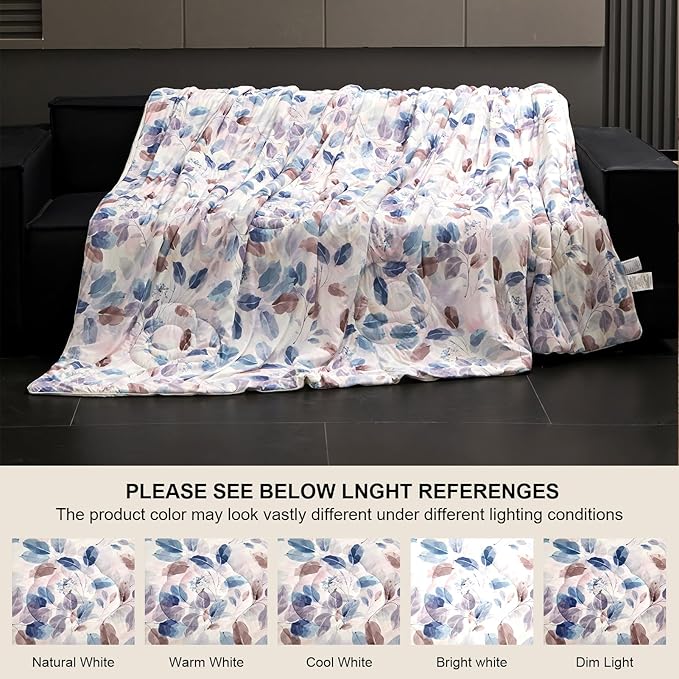 Cyusri Print Cooling Comforter Set 2Pcs Breathable Cool Twin Size Bedding Set with 1 Pillowcase Leaf Pattern Silky Cold Quilt, Blue 68"x90"