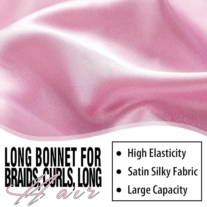 3Pcs Bonnets for Black Women, Large Long Satin Bonnet for Braids With Stretchy Tie Band, Sleep Cap for Long Curly Hair (Brown, Rose Pink, Pink)