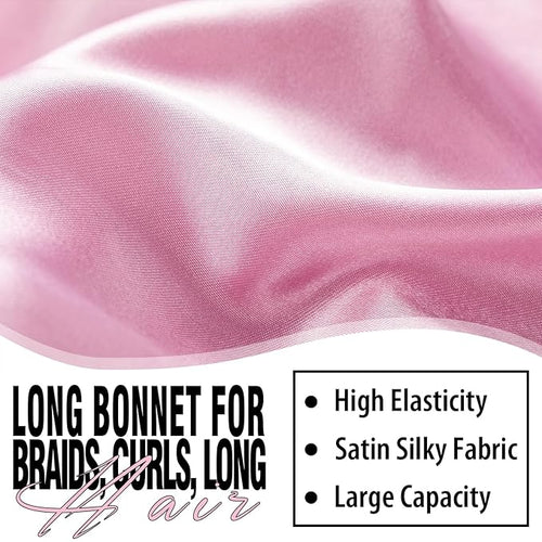 3Pcs Bonnets for Black Women, Large Long Satin Bonnet for Braids With Stretchy Tie Band, Sleep Cap for Long Curly Hair (Brown, Rose Pink, Pink)
