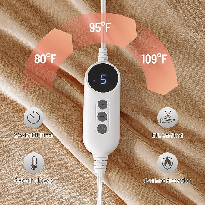 Electric Heated Blanket Throw 50"x60" - Soft Cozy Flannel & Sherpa Fabric Dual-Sided, 9 Heat Settings & 2-10 Hours Auto Off, Warming Heated Throw for Home Office, Machine Washable, Brown