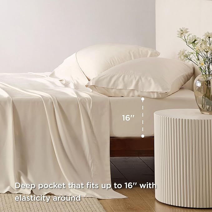 Bedsure California King Sheet Sets, Cooling Sheets, Rayon Derived from Bamboo, Breathable & Soft, Deep Pocket Up to 16 Inches, Hotel Luxury Silky Bedding for Hot Sleepers, Light Beige