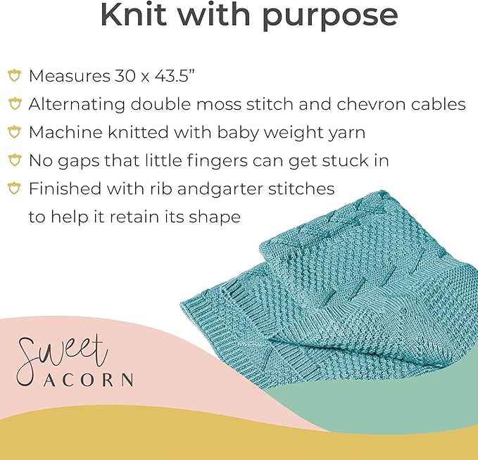 Knit Baby Blanket in Cable Pattern, Organic Cotton Blankets for Crib or Stroller, Receiving Blankets - Ocean Teal