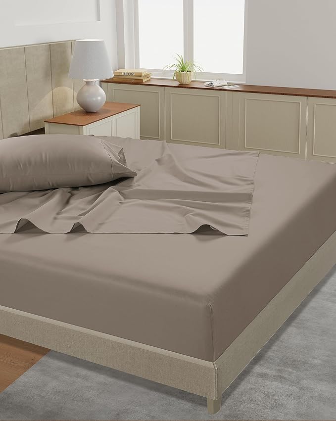 LANE LINEN Twin Size Sheet Set – 450 Thread Count Soft & Cooling Sateen Weave, 100% Cotton Bedding Sheets & Pillowcases, 15” Deep Pocket Fully Elasticized Fitted Sheet, Premium Hotel Quality, Taupe