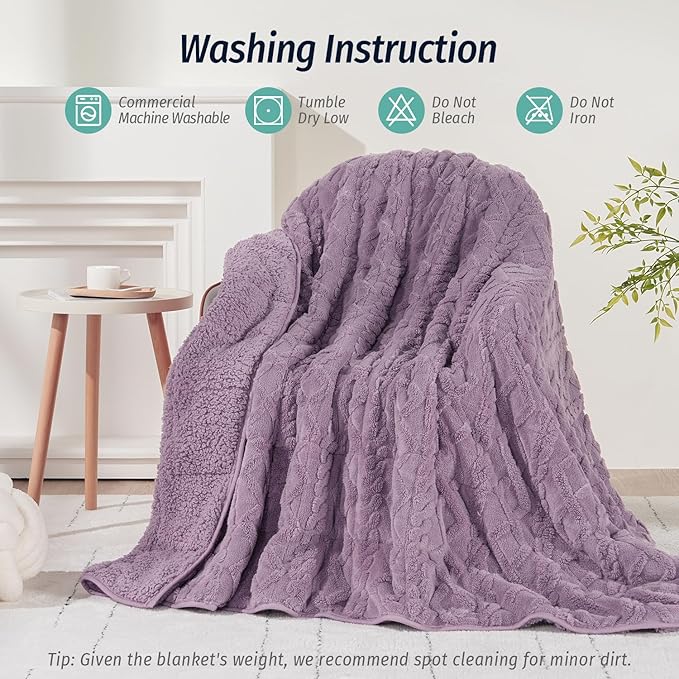Wemore Weighted Blanket for Adults Twin Size 15 lbs, Dual Sided Soft Fuzzy Jacquard Sherpa Weighted Blankets for Sleeping, Cozy Fluffy Knitted Heavy Blanket for Couch Bed, Purple, 48 x 72 inches