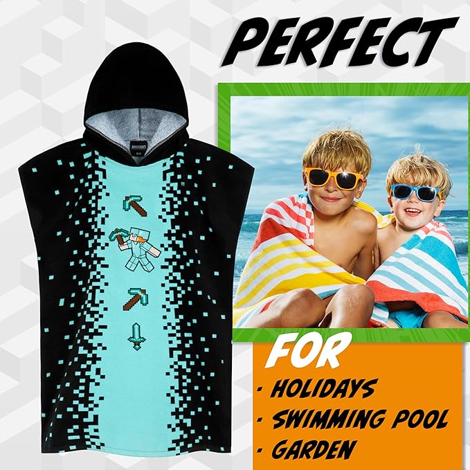 Minecraft Towelling Poncho Kids Teens Hooded Bath Towels Absorbent Beach Towel (Black/Blue, 10-13 Years)