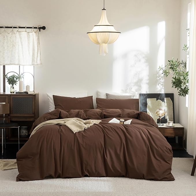 FOSSA Duvet Cover Set 100% Washed Cotton Linen Feel Super Soft Breathable Cozy 3 Pieces Bedding Sets Solid Cocoa Brown Oversized Queen