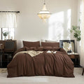 FOSSA Duvet Cover Set 100% Washed Cotton Linen Feel Super Soft Breathable Cozy 3 Pieces Bedding Sets Solid Cocoa Brown Oversized Queen