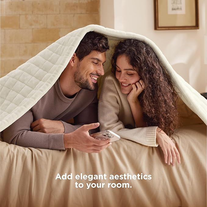 Bedsure Electric Blanket Queen Size - Quilted Winter Bedding of Thick Flannel, Dual Control Heated Blanket with 10 Heat & 10 Time Settings, Fast Heating for Cold Sleepers (84x90 inches, Ivory)