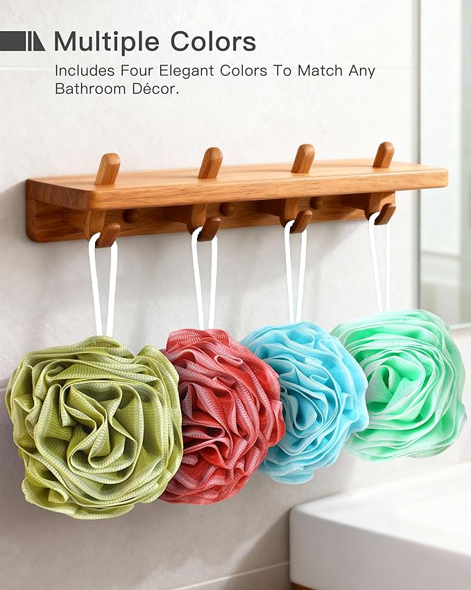 Large Bath Sponge Pouf 70g, 6.3 Inch Exfoliating Shower Loofah, Soft Durable PE Mesh with Reinforced Knotting, Rich Lather Body Wash Scrubber, 4-Pack Elegant Colors Gift Set（C-4Pcak）