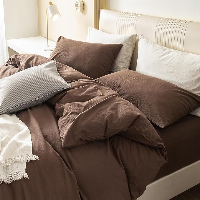 JIYUAN 100% Washed Cotton Duvet Cover Set 3 Pieces Alaska King, 1 Duvet Cover 132x120 Inches(Comforter Not Included) and 2 Pillowcases,Linen Feel Bedding Set Comfy and Breathable,Chocolate Brown