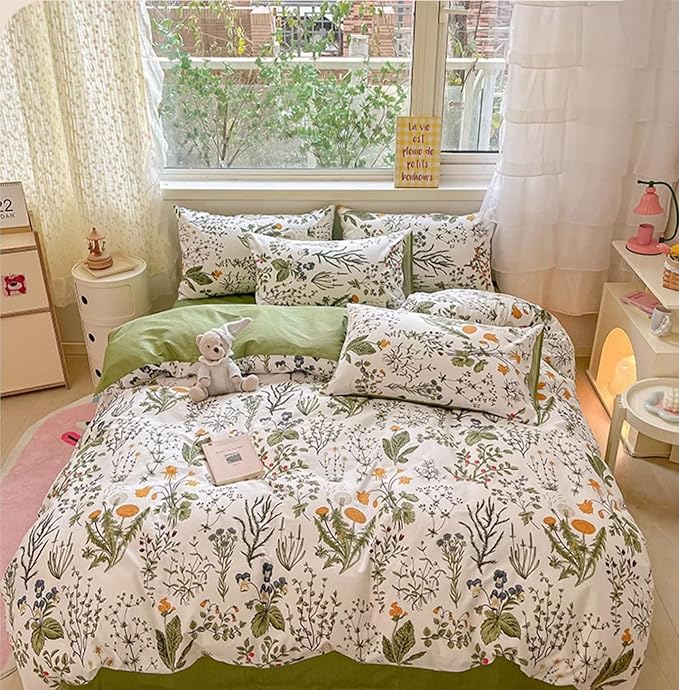 KAREVER Botanical Comforter Set Full White and Sage Green Floral Plant Bedding Set Garden Pattern Printed on White Reversible Blanket 3 PCs 1 White Comforter 80"x90" and 2 Pillowcases