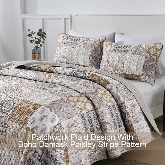 WONGS BEDDING Brown Quilt Set Queen Size, Patchwork Plaid Bedspread Bedding Sets Paisley Soft Microfiber Quilts for Queen Bed 3 Pieces Coverlet Set for All Season (96"x90")