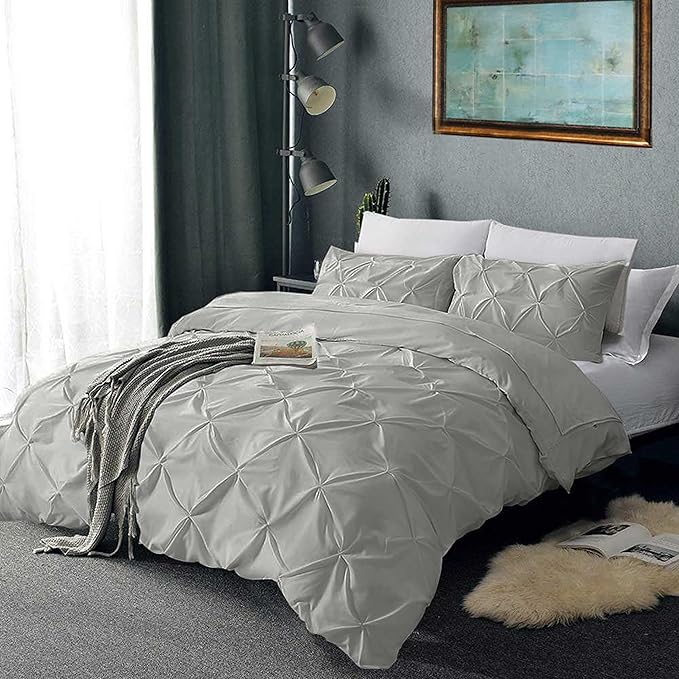 Pinch Pleated Duvet Cover Set 100% Brushed Microfiber 3PC Calking Size 98x104 Duvet Cover Set, Decorative Pinch Design Silver Grey Duvet Cover with Matching Pillow Case