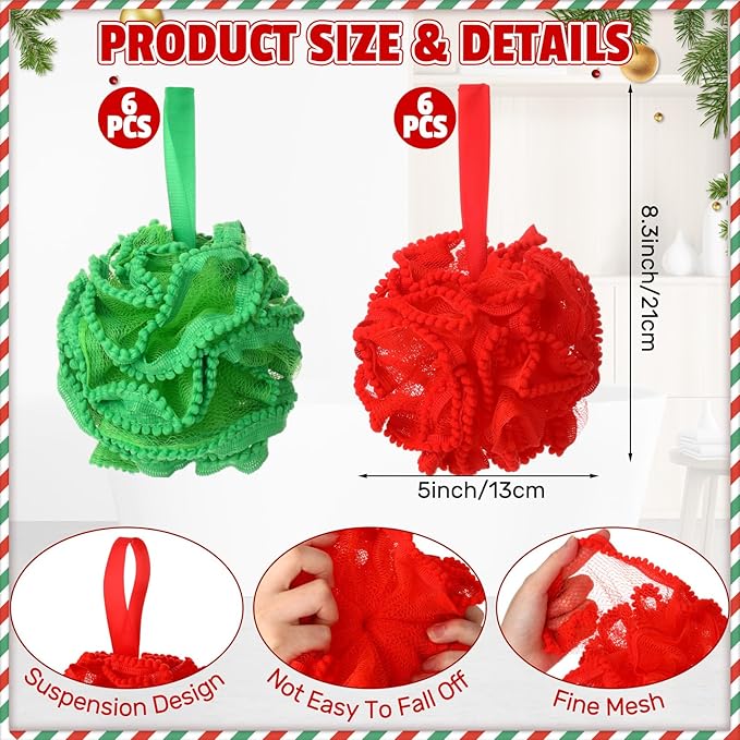 Duraaamo 12 Pcs Christmas Bath Loofah Sponge, Red Green Exfoliating Body Scrubber 50g Bath Shower Loofah Sponge Pouf Puff Mesh Shower Pouf Balls Soft Quick-Dry Cleanse Skin Accessories for Women Men