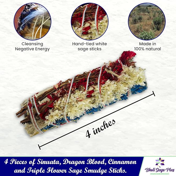 Sage Smudge Kit for Cleansing Negative Energy and Cleansing Home Sinuata, Dragon Blood, Cinnamon and Triple Flower Dried - 4'' Long Pack of 4 White California Sage Sticks