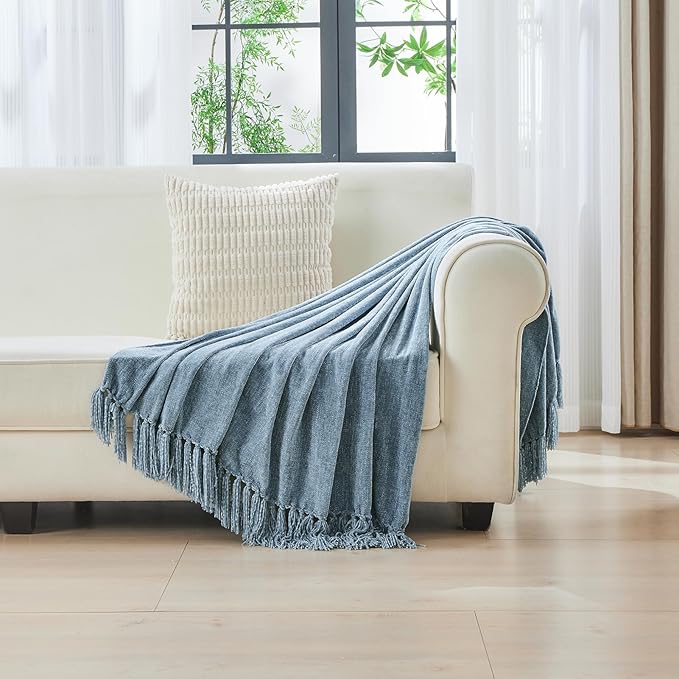 CozeCube Chenille Throw Blanket for Couch, Cozy Plush Fuzzy Decorative Dusty Blue Blanket with Fringe Tassels, Lightweight Throws for Bed Sofa Gift Home Decor, 50"X60"