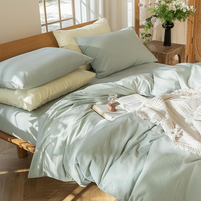 MooMee Bedding Duvet Cover Set 100% Washed Cotton Linen Like Textured Breathable Durable Soft Comfy (Heathered Sage Green, Oversized King Plus 128"x120")