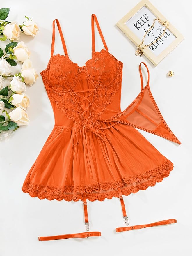 Lilosy Sexy Garter Belt Mesh Lace Babydoll Lingerie Dress Set with Thong