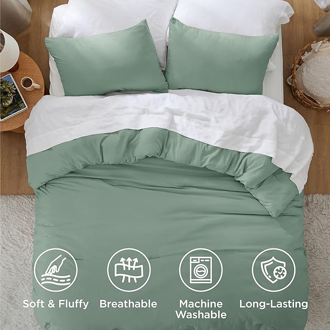 Bedsure Queen Size Comforter Set, Sage Green Soft Prewashed Bedding for All Seasons, 3 Pieces GentleSoft™ Warm Down Alternative Bed Set, 1 Lightweight Comforter (90"x90") and 2 Pillowcases (20"x26")