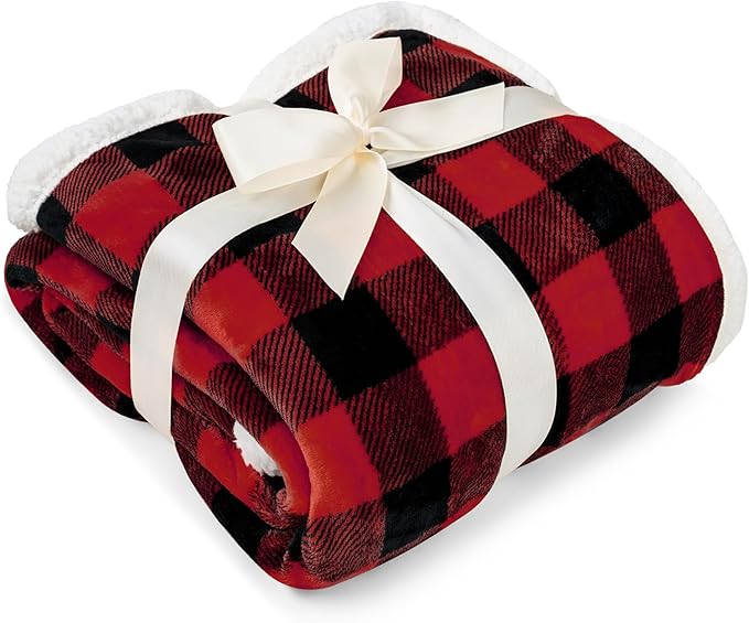 PAVILIA Black and Red Buffalo Plaid Sherpa Throw Blanket for Couch, Plush Red Black Checkered Fleece Blanket and Throws, Soft Fuzzy Flannel Blanket for Sofa Bed, Warm Cozy Winter Blanket Gift, 50x60
