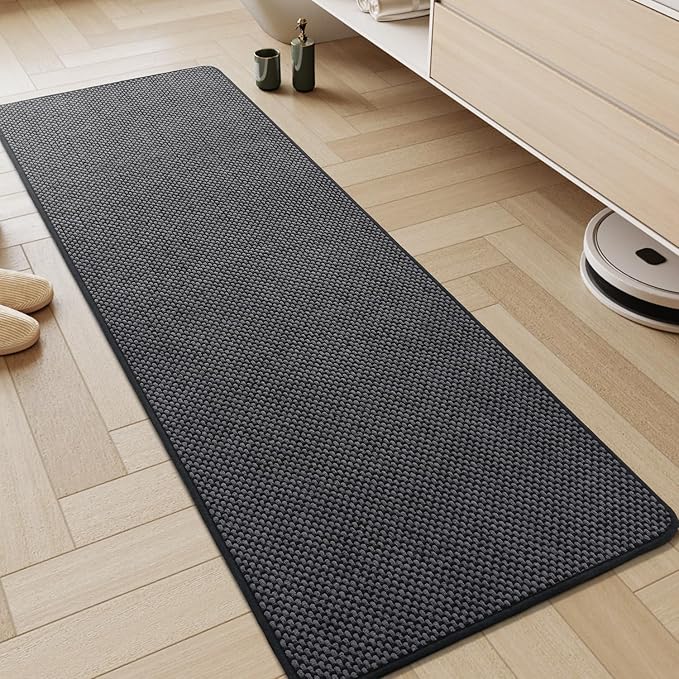 AMOAMI Chenille Bath Mat Super Absorbent Bathroom Mat Quick Dry Low Pile Bath Mats for Bathroom Washable Rubber Backed Bathroom Runners Fit Under Door, Front of Bathtub, Sink, Darkgrey&Black 24"x48"