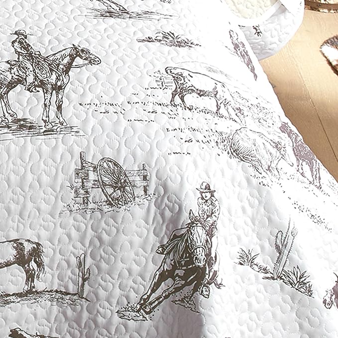 BLACK FOREST DECOR Cowboy Ranch Queen Quilt Set - Lightweight, Western Style Bedding with Cowboys and Horses, Includes Quilt and Shams, Machine Washable