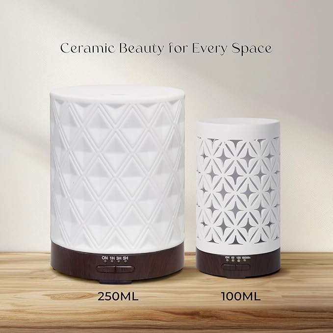 Earnest Living Essential Oil Diffuser for Large Room White Ceramic 250ml Aromatherapy Diffuser with 4 Timers 7 Night Lights and Auto Off Function for Home Gift