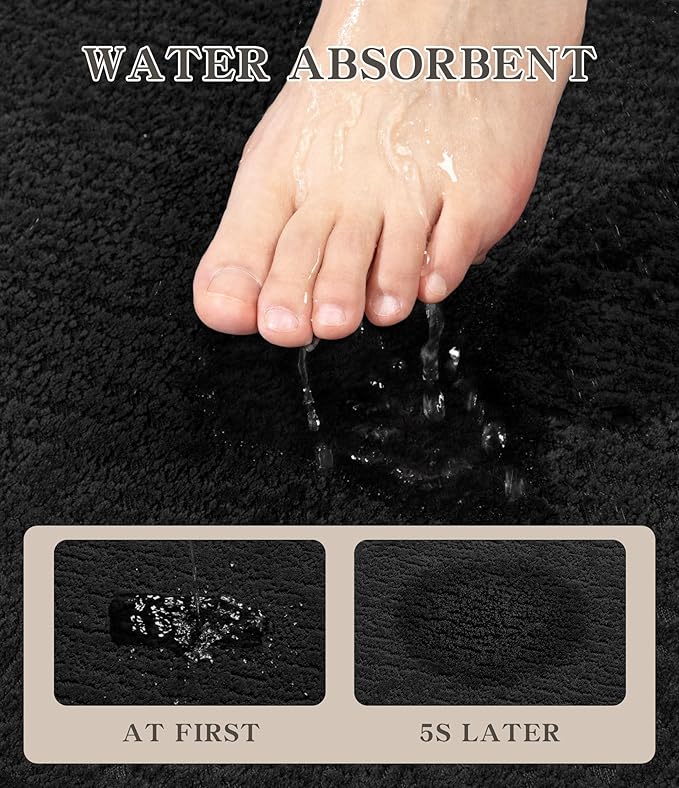 chakme Bathroom Rug Sets 5 Piece, Ultra Thin Bath Mat Quick Dry, Absorbent, Non Slip, Machine Washable, Black