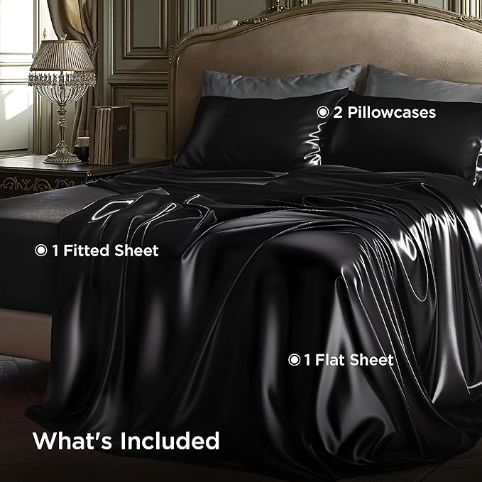 Bedsure Black Satin Sheets Queen Size - 4 Piece Silky Bedsheets with 15 Inches Deep Pocket Fitted Bedsheet,1 Flat Sheet, 2 Satin Pillowcases, Good for Hair & Skin (Queen, Black)