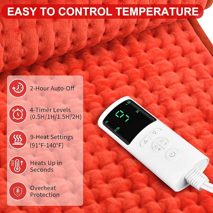 Heating Pad for Back Pain Relief 17"x33" Large, Moist Dry Heat Options, XL Electric Heating Pads, 9 Heat Settings, Machine Washable, Auto-Off, Gifts for Women, Mom, Men