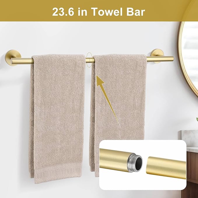 5 Pieces Brushed Gold Towel Bar Set, Upgraded Round Bathroom Hardware Accessories Set, Toilet Paper Holder Towel Holder Set for Bathroom Stainless Steel Wall Mounted 23.6Inch