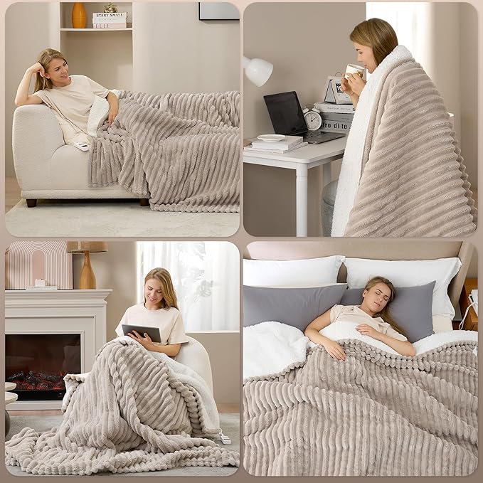 Hansleep Heated Blanket Electric Blanket Throw, Heating Blanket with 9 Heating Levels and 10-Hour Timer Auto Shut Off, Washable Soft Warm Winter Blanket, 50 x 60 Inches, Linen