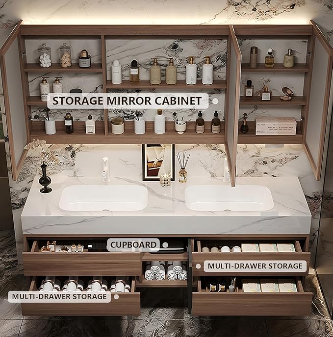 76IN Bathroom Vanity with Double Sink, Modern Bathroom Vanity with LED Smart Defog Mirror Cabinet & Integrated Ceramic Sink, Floating Vanities with Drawers and Glass Cabinet Door (Grey Wood)