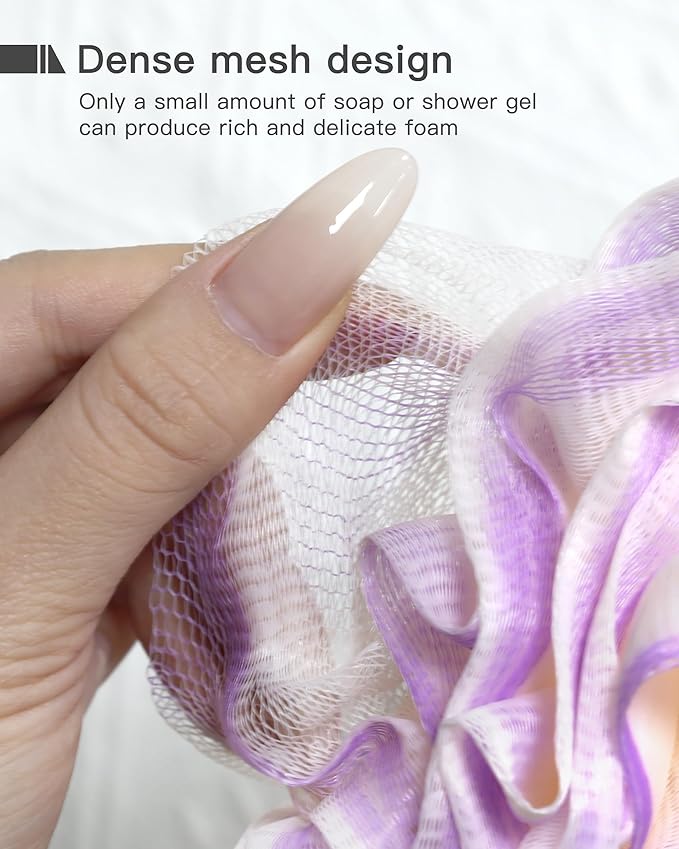 Large Bath Sponge Pouf 70g, 6.3 Inch Exfoliating Shower Loofah, Soft Durable PE Mesh with Reinforced Knotting, Rich Lather Body Wash Scrubber, 4-Pack Elegant Colors Gift Set（B-4Pcak）