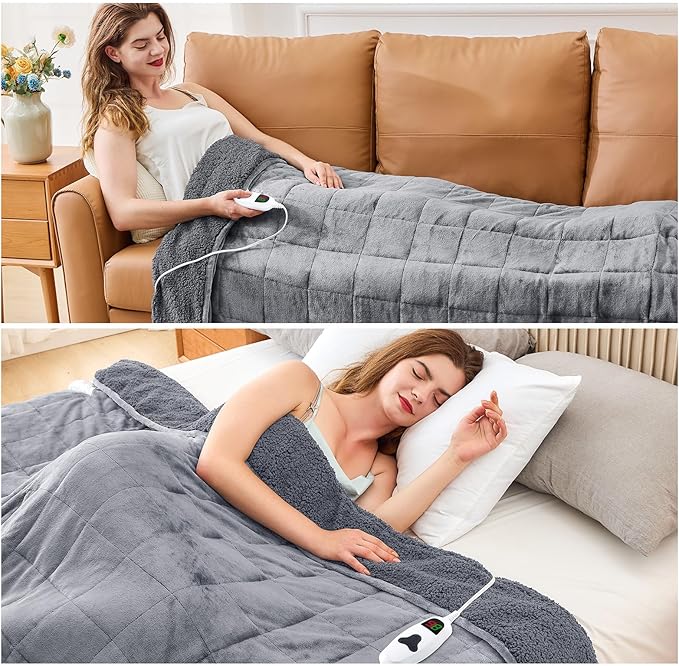 CYMULA Heated Weighted Blanket for Adults, Weighted Heated Blanket 48" x 72", 15lbs Sherpa Fleece Weighted Electric Blanket Soft Heating Blanket with 10 Heating Levels & 1-8 Hours Auto Off, Light Gray