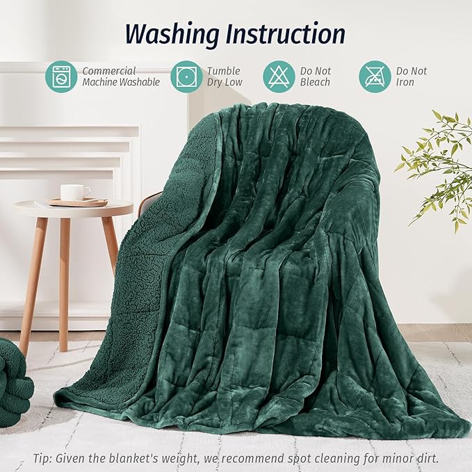 Wemore Sherpa Fleece Weighted Blanket for Adult, 15 lbs Dual Sided Cozy Fluffy Heavy Blanket, Ultra Fuzzy Throw Blanket with Soft Plush Flannel Top, 60 x 80 inches, Green on Both Sides