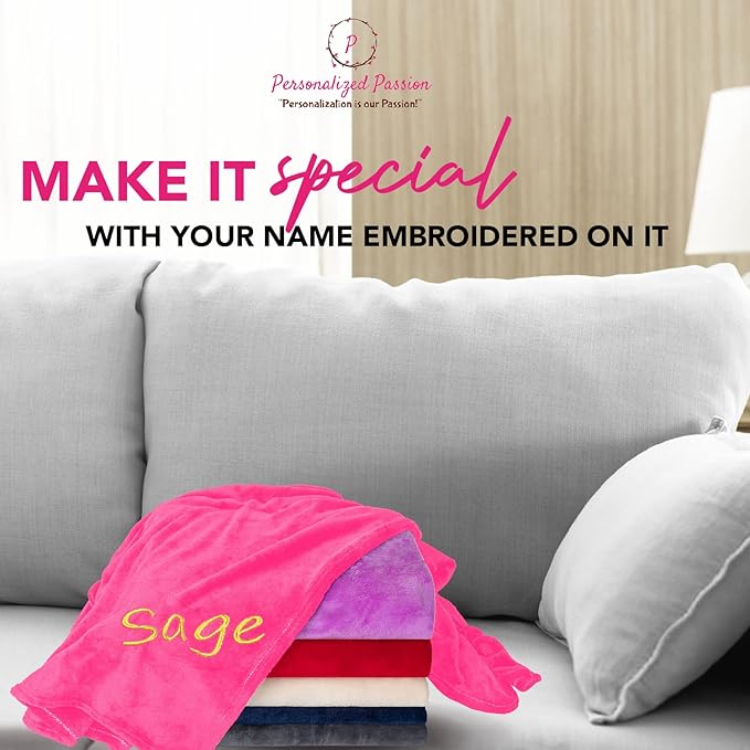 Personalized Blankets for Adults - Custom Blanket with Embroidered Name or Monogram - Soft Fleece Throw Cover for Bed & Couch - Hot Pink (40"x60")