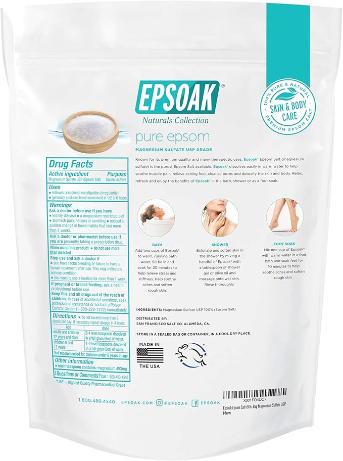 Epsoak Epsom Salt 38 lb. Magnesium Sulfate USP. (Qty. 2 x 19lb. Bags) Resealable Epsom Salt Bulk Bags Unscented, Made in The USA, Cruelty-Free Certified
