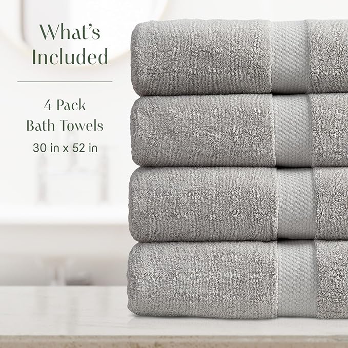 Springtree Home Grey Bath Towels Set of 4 | Classic Hotel Bath Towels | 100% Combed Cotton | Absorbent Quick-Dry Gray Towels for Bathroom | Oeko-TEX® Standard 100 Cotton | Cynewski Collection - Grey