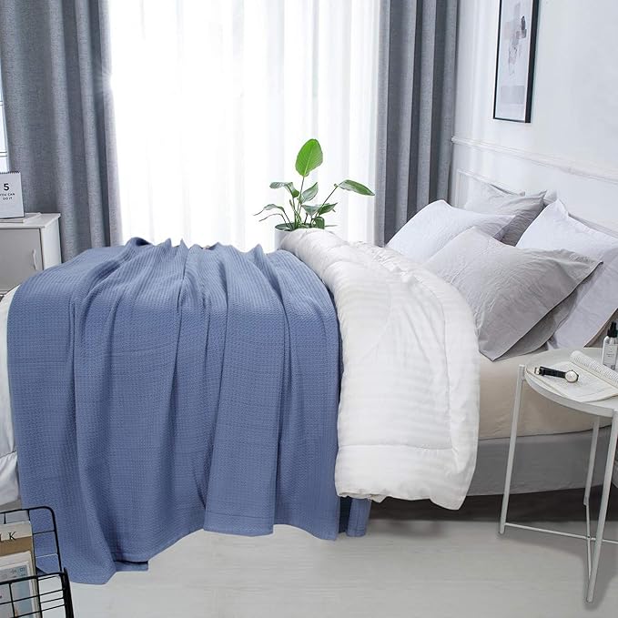 DOLLCENT 100% Cotton California King Size Blanket For Bed, Premium Combed Lightweight Blankets, Washed Breathable Cozy Bed Throw Blanket, Blue Cal King Cotton Blankets For All Season: Blue (102"x108")