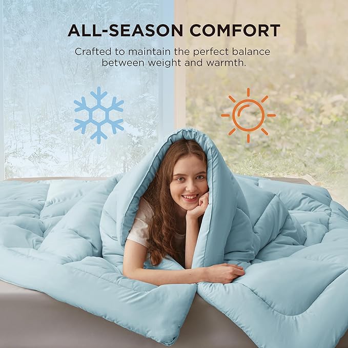 Bedsure Comforter Duvet Insert - Quilted Comforters Full Size, All Season Duvet, GentleSoft Down Alternative Bedding, with 8 Tabs, Gifts for Women/Men, Light Spa Blue, Full 86 x 82 Inches