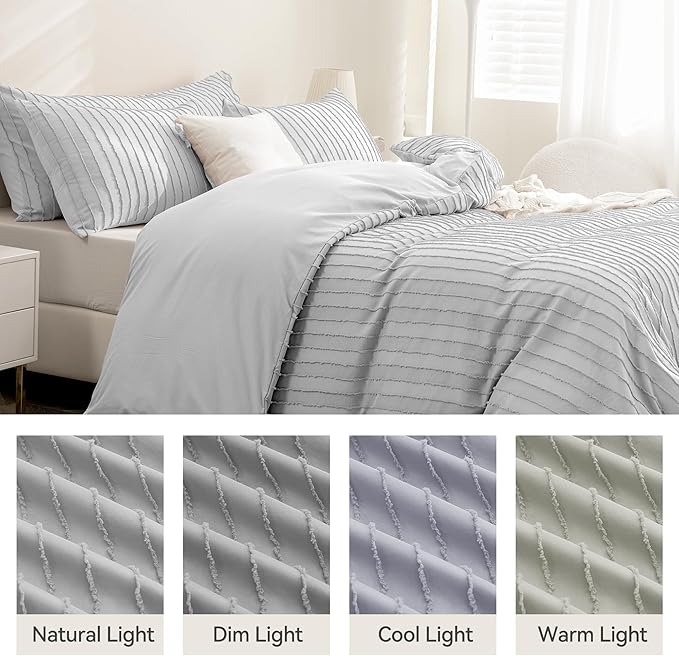JELLYMONI Duvet Cover King Size Light Grey - 3PCS Boho Striped Duvet Cover Set Polyester Tufted Bohemian Textured Comforter Cover 104×90in with Corner Ties & Zipper and 2 Pillowcases