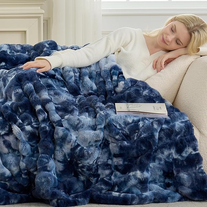 Cozy Bliss Faux Fur Throw Blanket for Couch, Fuzzy Soft Plush Thick Striped Blanket for Sofa Bedroom Living Room, 60 * 80 Inches Tie-dye Blue