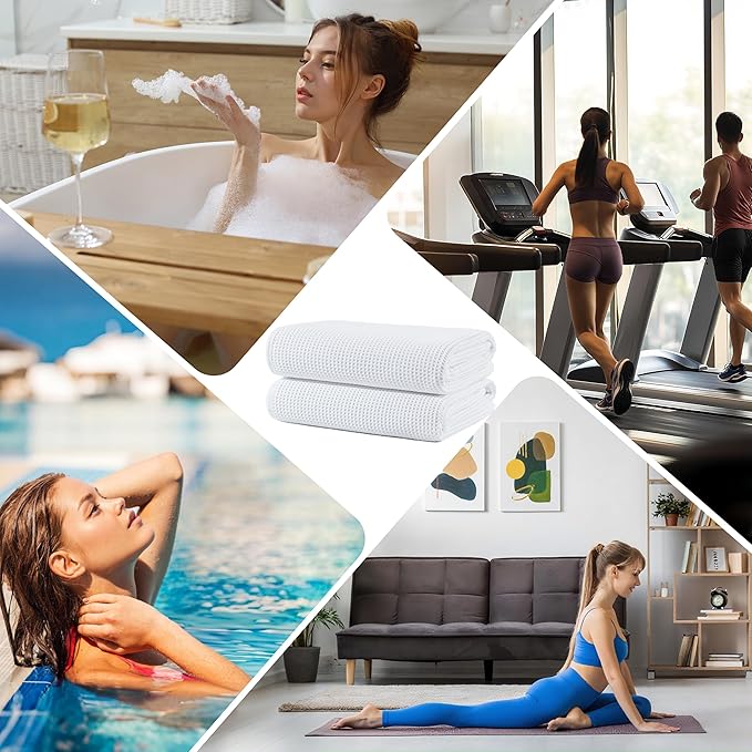 POLYTE Microfiber Oversize Quick Dry Lint Free Waffle Bath Towel for Body, 60 x 30 in, Set of 2