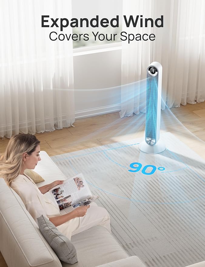 Dreo Tower Fan for Bedroom, Upgrated DC 9 Speeds Ultra-Quiet Floor Fan, 90° Oscillating Fans for Indoors with 28ft/s Velocity, 12H Timer, Standing Fans, Bladeless Fan Powerful for Home Office Room