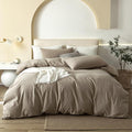 JIYUAN 100% Washed Cotton Duvet Cover Set 3 Pieces Full, 1 Duvet Cover 80x90 Inches(Comforter Not Included) and 2 Pillowcases,Linen Feel Bedding Set Comfy and Breathable,Khaki