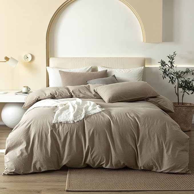 JIYUAN 100% Washed Cotton Duvet Cover Set 2 Pieces Twin, 1 Duvet Cover 68x90 Inches(Comforter Not Included) and 1 Pillowcases,Linen Feel Bedding Set Comfy and Breathable,Khaki