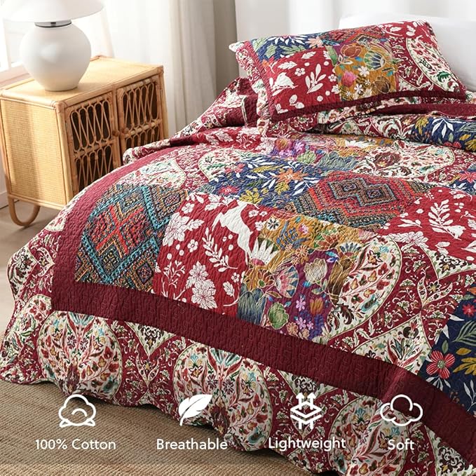Cotton Bedspread Quilt Bedding Sets 3 Pieces Reversible Coverlet Sets Comforters Gorgeous Paisley Floral Patchwork Red Bedspread, Queen Size